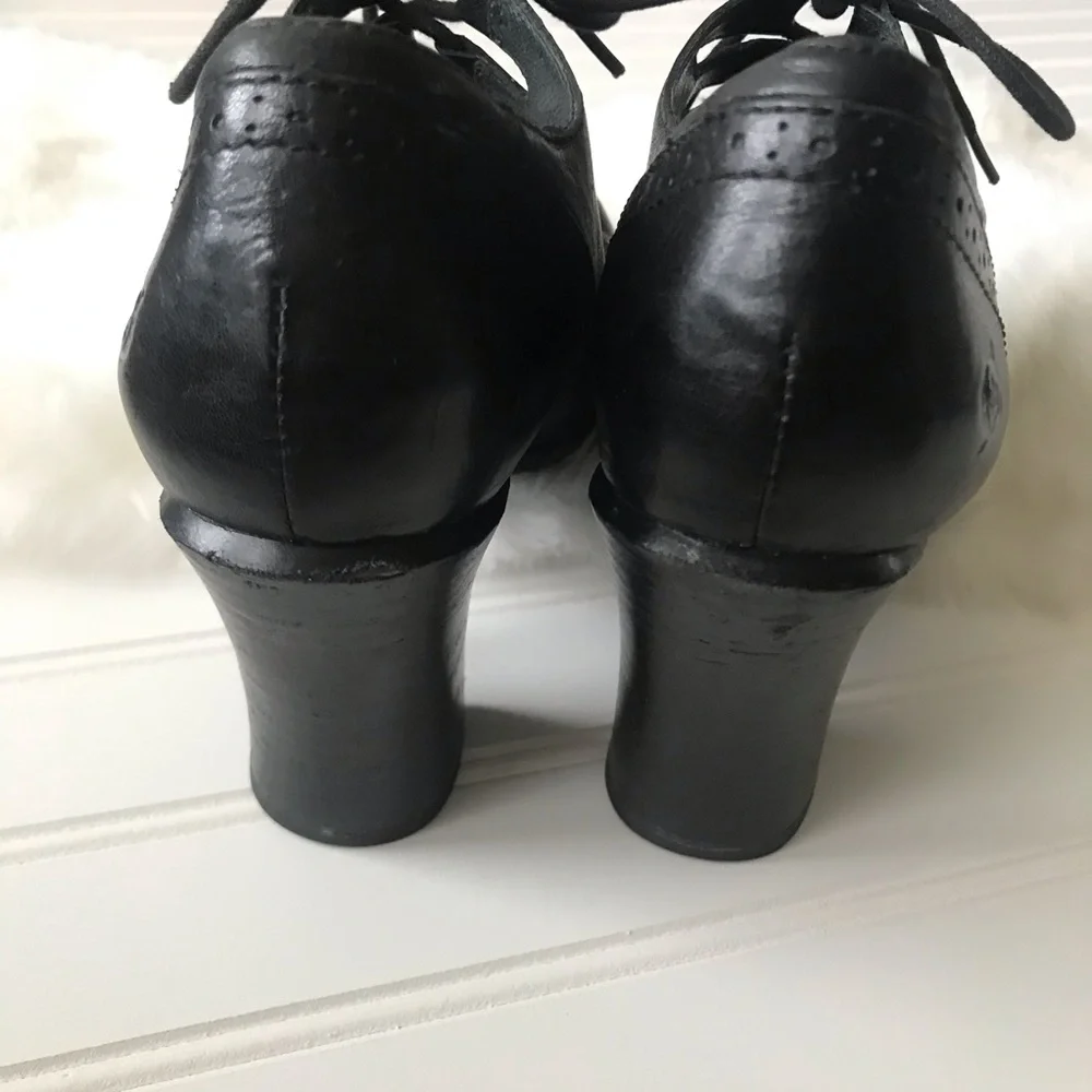 Born Black Leather Lace-Up Heeled Oxfords with Brogue Detail